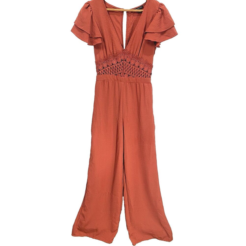 Haute Monde Wide Leg Jumpsuit Womens S Open Knit Crochet Waist Plunging Orange